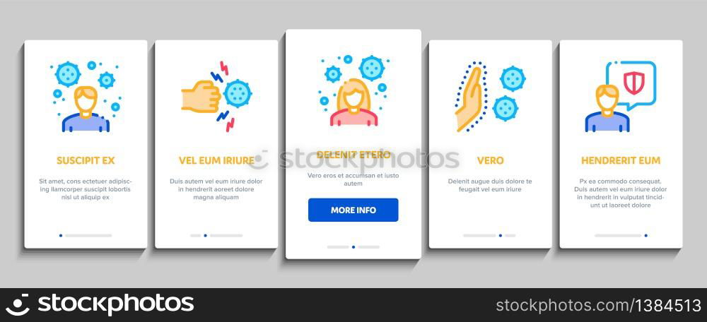 Immunity Human Biological Defense Onboarding Mobile App Page Screen Vector. Protective Bacterias, Syringe And Shield, Vitamin And Healthcare Pills For Immunity Color Contour Illustrations. Immunity Onboarding Elements Icons Set Vector