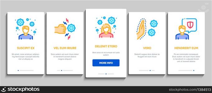 Immunity Human Biological Defense Onboarding Mobile App Page Screen Vector. Protective Bacterias, Syringe And Shield, Vitamin And Healthcare Pills For Immunity Color Contour Illustrations. Immunity Onboarding Elements Icons Set Vector