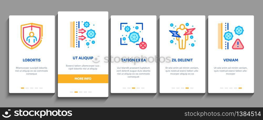 Immunity Human Biological Defense Onboarding Mobile App Page Screen Vector. Protective Bacterias, Syringe And Shield, Vitamin And Healthcare Pills For Immunity Color Contour Illustrations. Immunity Onboarding Elements Icons Set Vector