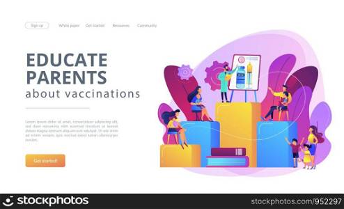 Immunity protection, preventive medicine. Immunization education, education info about vaccines, educate parents about vaccinations concept. Website homepage landing web page template.. Immunization education concept landing page.