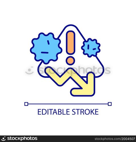 Immunity reduction RGB color icon. Immune system weakening. Poor immune response. Weak viral and bacterial resistance. Isolated vector illustration. Simple filled line drawing. Editable stroke. Immunity reduction RGB color icon