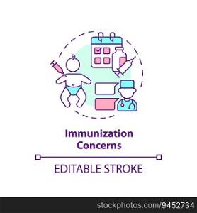 Immunization concerns concept icon. Kids vaccination. Disease prevention. Infant care. Medical procedure. Vaccine safety abstract idea thin line illustration. Isolated outline drawing. Editable stroke. Immunization concerns concept icon