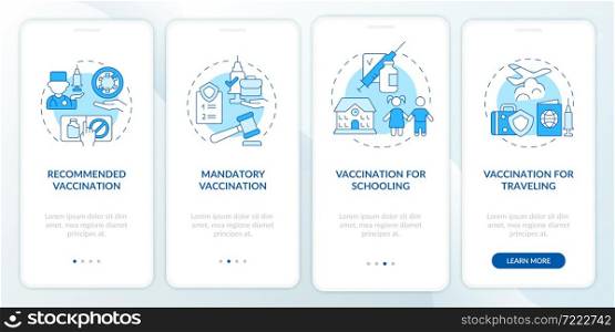 Immunization importance onboarding mobile app page screen. Mandatory vaccination walkthrough 4 steps graphic instructions with concepts. UI, UX, GUI vector template with linear color illustrations. Immunization importance onboarding mobile app page screen