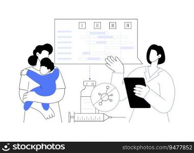 Immunization schedule abstract concept vector illustration. Physician explains to parent with child when to get vaccinated, public health medicine, immunization schedule abstract metaphor.. Immunization schedule abstract concept vector illustration.
