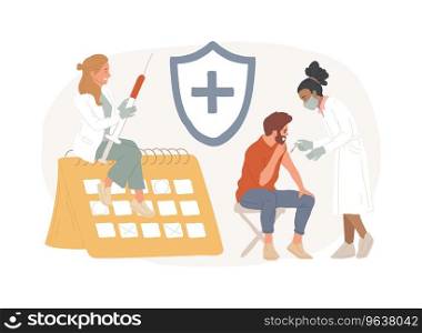Immunization schedule isolated concept vector illustration. Prevention care schedule, infectious diseases prevention, children vaccination plan, adult immunization calendar vector concept.. Immunization schedule isolated concept vector illustration.