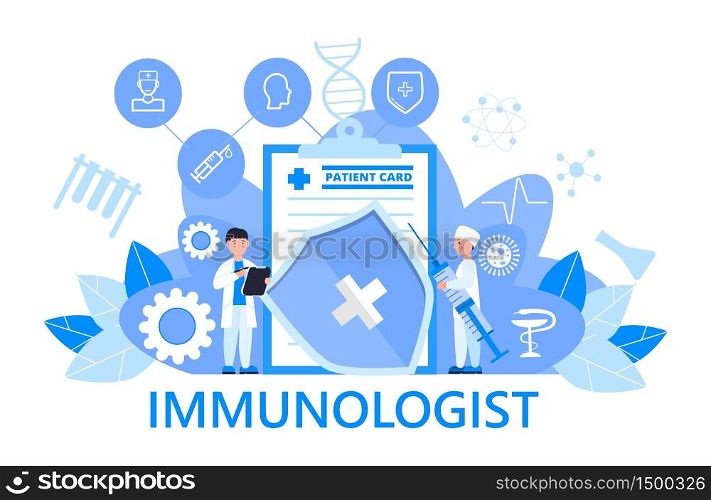 Immunologist concept vector for medical app, web, banner. Time to vaccinate. Measles, flu, corona-virus vaccine illustration. Tiny doctor of immunology is taking syringe.. Immunologist concept vector for medical app, web, banner. Time to vaccinate. Measles, flu, corona-virus vaccine illustration. Tiny doctor of immunology taking syringe.