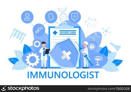 Immunologist concept vector for medical app, web, banner. Time to vaccinate. Measles, flu, corona-virus vaccine illustration. Tiny doctor of immunology is taking syringe.. Immunologist concept vector for medical app, web, banner. Time to vaccinate. Measles, flu, corona-virus vaccine illustration. Tiny doctor of immunology taking syringe.