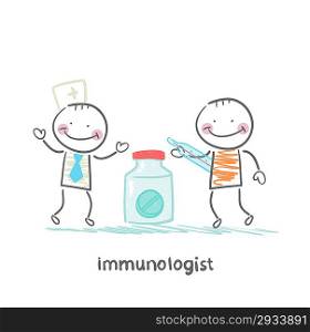 immunologist giving pills to a patient with thermometer