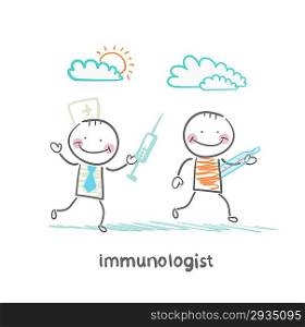 immunologist runs with a syringe for a patient with thermometer