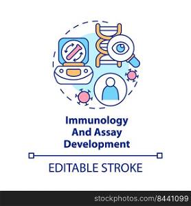 Immunology and assay development concept icon. Pandemic preclinical research abstract idea thin line illustration. Isolated outline drawing. Editable stroke. Arial, Myriad Pro-Bold fonts used. Immunology and assay development concept icon