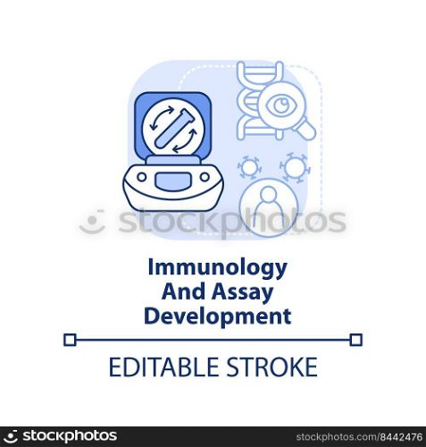 Immunology and assay development light blue concept icon. Pandemic preclinical study abstract idea thin line illustration. Isolated outline drawing. Editable stroke. Arial, Myriad Pro-Bold fonts used. Immunology and assay development light blue concept icon