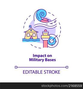 Impact on military bases concept icon. Climate change negative effect abstract idea thin line illustration. Isolated outline drawing. Editable stroke. Roboto-Medium, Myriad Pro-Bold fonts used. Impact on military bases concept icon