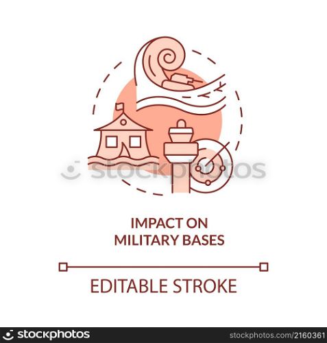 Impact on military bases red concept icon. Climate change negative effect abstract idea thin line illustration. Isolated outline drawing. Editable stroke. Roboto-Medium, Myriad Pro-Bold fonts used. Impact on military bases red concept icon