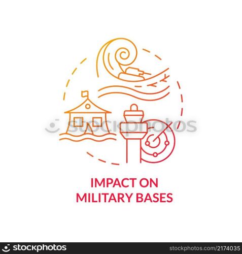 Impact on military bases red gradient concept icon. Climate change effect abstract idea thin line illustration. Isolated outline drawing. Editable stroke. Roboto-Medium, Myriad Pro-Bold fonts used. Impact on military bases red gradient concept icon