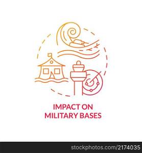 Impact on military bases red gradient concept icon. Climate change effect abstract idea thin line illustration. Isolated outline drawing. Editable stroke. Roboto-Medium, Myriad Pro-Bold fonts used. Impact on military bases red gradient concept icon