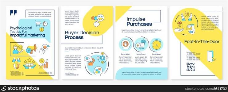 Impactful marketing tricks blue and yellow brochure template. Leaflet design with linear icons. Editable 4 vector layouts for presentation, annual reports. Questrial-Regular, Lato-Regular fonts used. Impactful marketing tricks blue and yellow brochure template