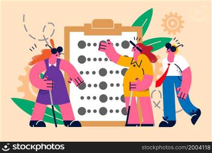 Impaired diverse people learn reading by braille alphabet on board. Handicapped blind men and women study on training using fingers alternative language. Equality concept. Vector illustration. . Disabled people learn reading by braille alphabet