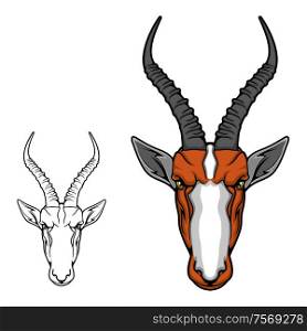 Impala antelope or gazelle animal head, african safari, hunting sport and hunter club mascot design. Savannah mammal head isolated icon with ridged twisted horns, brown muzzle and white snout. African antelope Impala head, gazelle mascot
