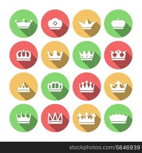 Imperial classical crowns flat solid icons set for king queen prince jewelry elements composition isolated vector illustration