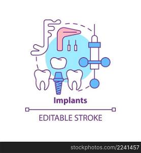 Implants concept icon. Cosmetic enhancement procedure abstract idea thin line illustration. Replacing missing teeth. Isolated outline drawing. Editable stroke. Arial, Myriad Pro-Bold fonts used. Implants concept icon