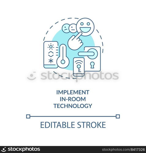 Implement in-room technology turquoise concept icon. Maintaining guest satisfaction abstract idea thin line illustration. Isolated outline drawing. Editable stroke. Arial, Myriad Pro-Bold fonts used. Implement in-room technology turquoise concept icon