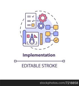 Implementation concept icon. New technological solutions integration. Plan execution. Project realization abstract idea thin line illustration. Vector isolated outline color drawing. Editable stroke. Implementation concept icon