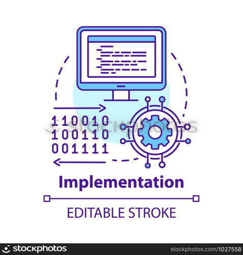 Implementation concept icon. Software coding. Computer programming and deployment idea thin line illustration. Information technology. Vector isolated outline drawing. Editable stroke