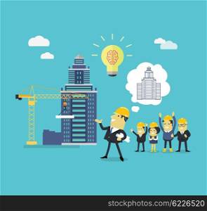 Implementation Ideas Architect. Implementation ideas architect. Successful architect in helmet and with blueprints in hand implements his idea of building a new building. Staff pleased with successes of colleges. Vector illustration