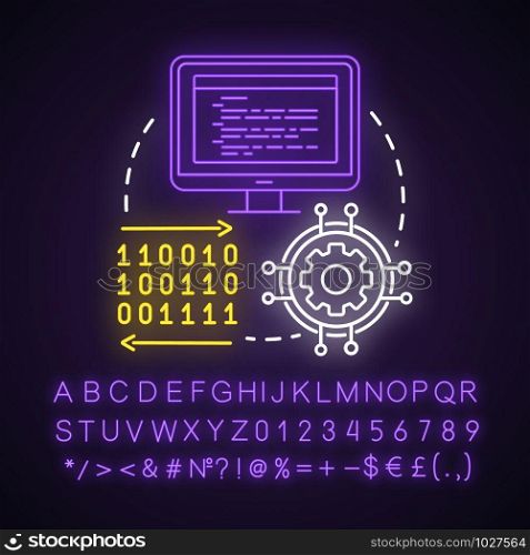 Implementation neon light concept icon. Software coding. Computer programming and deployment idea. Glowing sign with alphabet, numbers and symbols. Vector isolated illustration