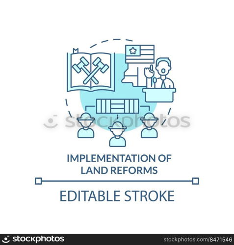 Implementation of land reforms turquoise concept icon. Increase farming productivity abstract idea thin line illustration. Isolated outline drawing. Editable stroke. Arial, Myriad Pro-Bold fonts used
. Implementation of land reforms turquoise concept icon