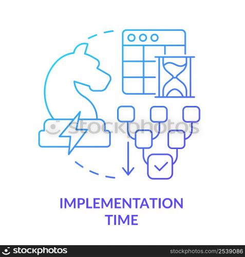 Implementation time blue gradient concept icon. Robust energy strategy abstract idea thin line illustration. Success and coordination. Isolated outline drawing. Myriad Pro-Bold font used. Implementation time blue gradient concept icon