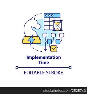 Implementation time concept icon. Robust energy strategy abstract idea thin line illustration. Success and coordination. Isolated outline drawing. Editable stroke. Arial, Myriad Pro-Bold fonts used. Implementation time concept icon