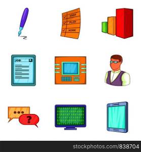 Implementer icons set. Cartoon set of 9 implementer vector icons for web isolated on white background. Implementer icons set, cartoon style