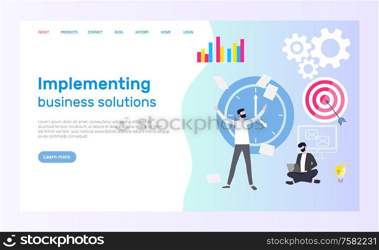 Implementing business solution vector. People working in area of management, developer with laptop. Time deadline coping with tasks employee at work. Website or webpage template landing page in flat. Implementing Business Solution and Technologies