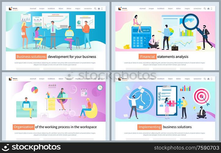 Implementing business solution vector, workplace organization for efficiency and high productivity. Schemes and charts on whiteboard, research. Website or webpage template, landing page flat style. Implementing Business Solution Workplace Website