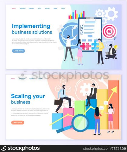 Implementing business solutions and scaling startup success vector. Notepad and target, graphic of financial growth, businessmen and businesswomen. Website or webpage template landing page in flat. Business Solutions and Scaling Startup Success