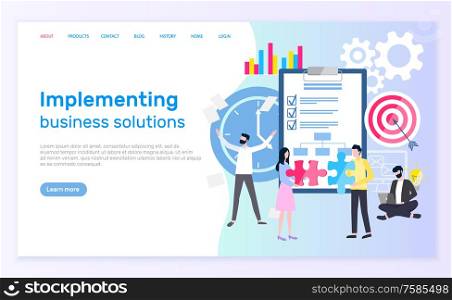 Implementing business solutions vector, teamwork and plan on notepad with check marks. Charts and target with arrow, male and female entrepreneurs. Implementing Business Solutions, Teamwork and Plan