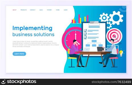 Implementing business solutions, workers discussing goals. Employees sitting at desktop and using laptop, marketing partnership, teamwork vector. Website or webpage template, landing page flat style. Business Partnership, Broker Collaboration Vector