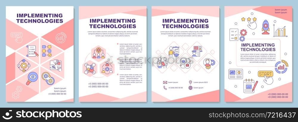 Implementing technologies brochure template. Integrating innovation. Flyer, booklet, leaflet print, cover design with linear icons. Vector layouts for presentation, annual reports, advertisement pages. Implementing technologies brochure template