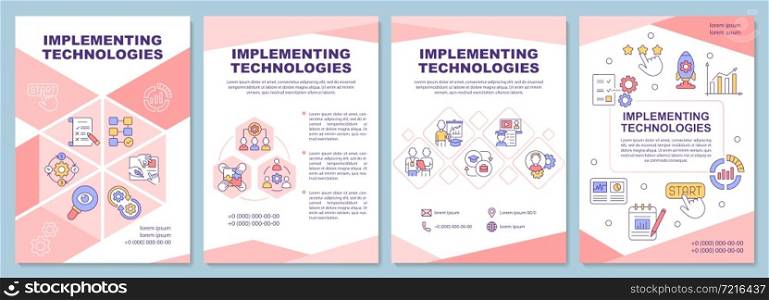 Implementing technologies brochure template. Integrating innovation. Flyer, booklet, leaflet print, cover design with linear icons. Vector layouts for presentation, annual reports, advertisement pages. Implementing technologies brochure template
