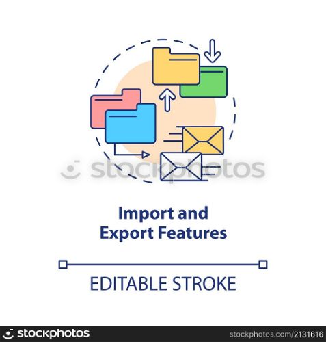 Import and export features concept icon. Elearning platform abstract idea thin line illustration. Isolated outline drawing. Editable stroke. Roboto-Medium, Myriad Pro-Bold fonts used. Import and export features concept icon