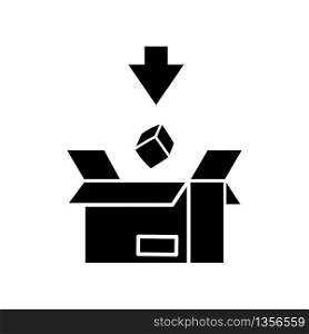 Import black glyph icon. Commodity in cardboard box. Logistics, mail, cargo delivery service. Commerce, international trade. Silhouette symbol on white space. Vector isolated illustration