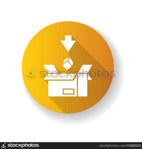 Import yellow flat design long shadow glyph icon. Commodity in cardboard box. Logistics, mail, cargo delivery service. Commerce, international trade. Silhouette RGB color illustration