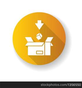 Import yellow flat design long shadow glyph icon. Commodity in cardboard box. Logistics, mail, cargo delivery service. Commerce, international trade. Silhouette RGB color illustration