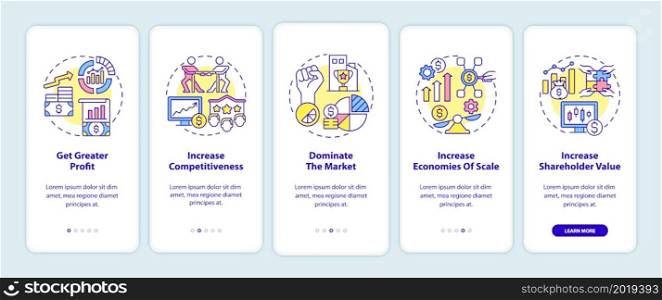 Importance of business expansion onboarding mobile app page screen. Company growth walkthrough 5 steps graphic instructions with concepts. UI, UX, GUI vector template with linear color illustrations. Importance of business expansion onboarding mobile app page screen