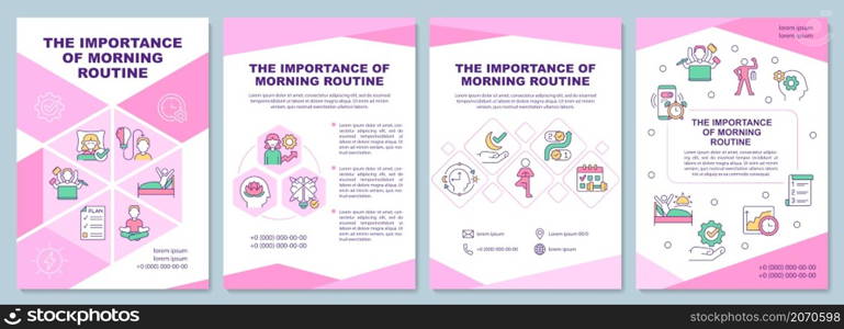 Importance of morning routine pink brochure template. Booklet print design with linear icons. Vector layouts for presentation, annual reports, ads. Arial-Black, Myriad Pro-Regular fonts used. Importance of morning routine pink brochure template