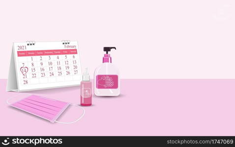 Important equipment during the epidemic control covid19. as medical masks, hand washing gels is new normal of life On Valentine s day. with Calendar marked on 14th February 2021 vector Pink element