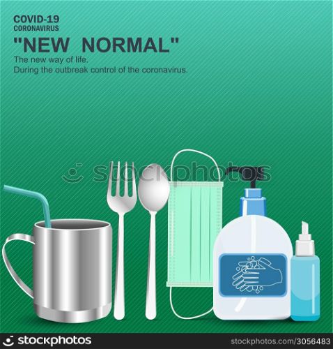 Important equipment during the epidemic control covid19. Include medical masks, hand washing gels, Spoon, fork, glass, personal, for prevention is a new normal, new way of life