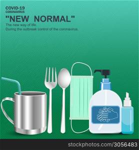 Important equipment during the epidemic control covid19. Include medical masks, hand washing gels, Spoon, fork, glass, personal, for prevention is a new normal, new way of life