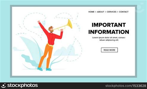 Important Information Trumpeter Trumpet Vector. Man Musician Playing Melody And Signals Important Information. Character Classical Symphony Music Performer Web Flat Cartoon Illustration. Important Information Trumpeter Trumpet Vector